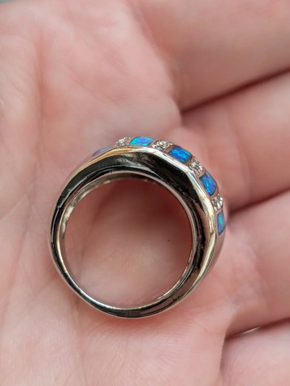 Vintage Sterling Silver & Blue Rainbow Opal Triple Arch Ring, Size 6